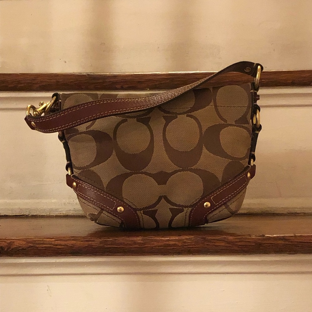 COACH signature canvas hobo with leather trim